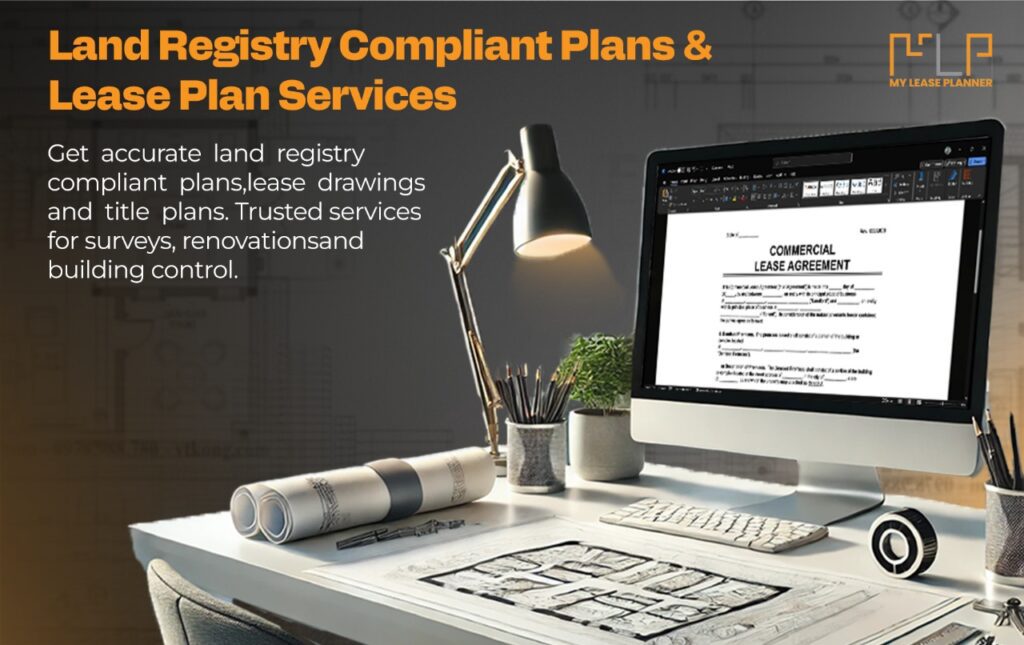 Land Registry Compliant Plan "Land registry compliant plan with detailed lease drawings on desk."