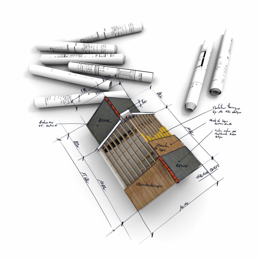 Best CAD Drawings showcasing an architectural design concept with a 3D building model, blueprints, and technical sketches