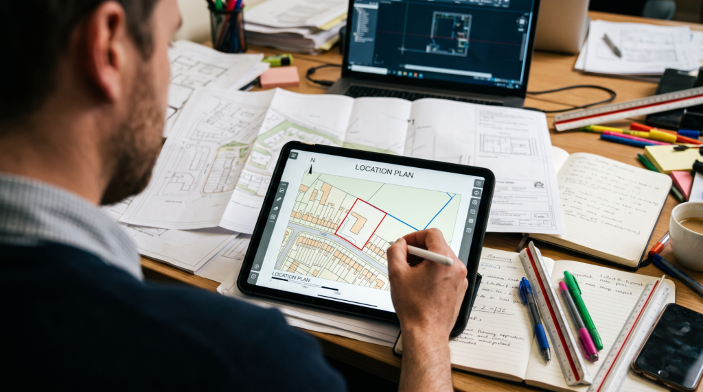 What Is a Location Plan for a UK Planning Application? 2 A surveyor using a stylus on a digital tablet to outline the boundaries on a digital 1:1250 location plan based on Ordnance Survey data for a UK planning application.